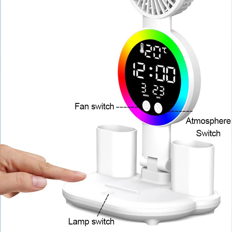 Lampe de table à LED rechargeable pour bureau d'étude Lampe de lecture à LED Veilleuse à LED avec ventilateur Horloge à LED Lampe de bureau de lecture