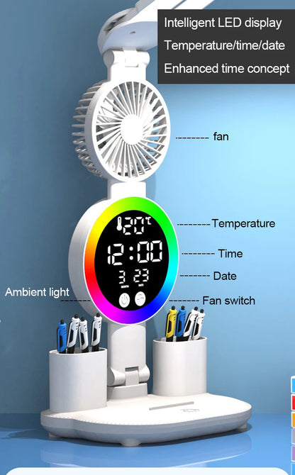 Lampe de table à LED rechargeable pour bureau d'étude Lampe de lecture à LED Veilleuse à LED avec ventilateur Horloge à LED Lampe de bureau de lecture