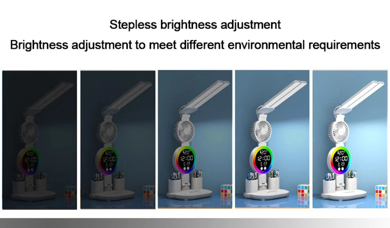 Lampe de table à LED rechargeable pour bureau d'étude Lampe de lecture à LED Veilleuse à LED avec ventilateur Horloge à LED Lampe de bureau de lecture