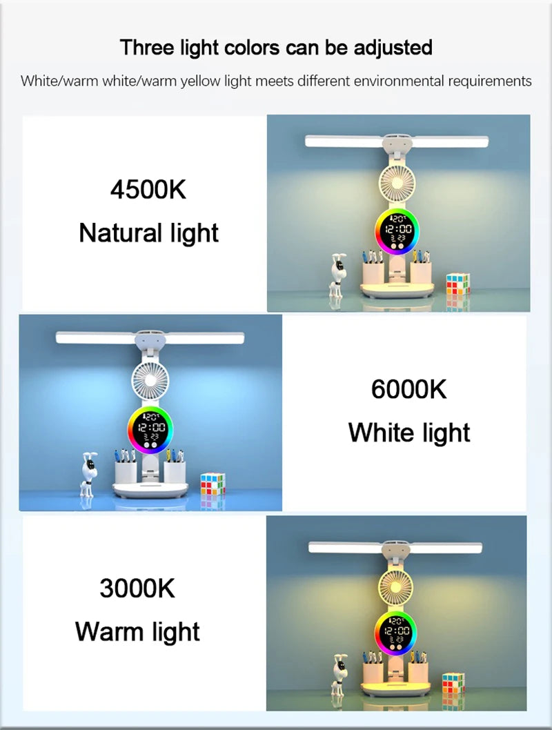 Lampe de table à LED rechargeable pour bureau d'étude Lampe de lecture à LED Veilleuse à LED avec ventilateur Horloge à LED Lampe de bureau de lecture