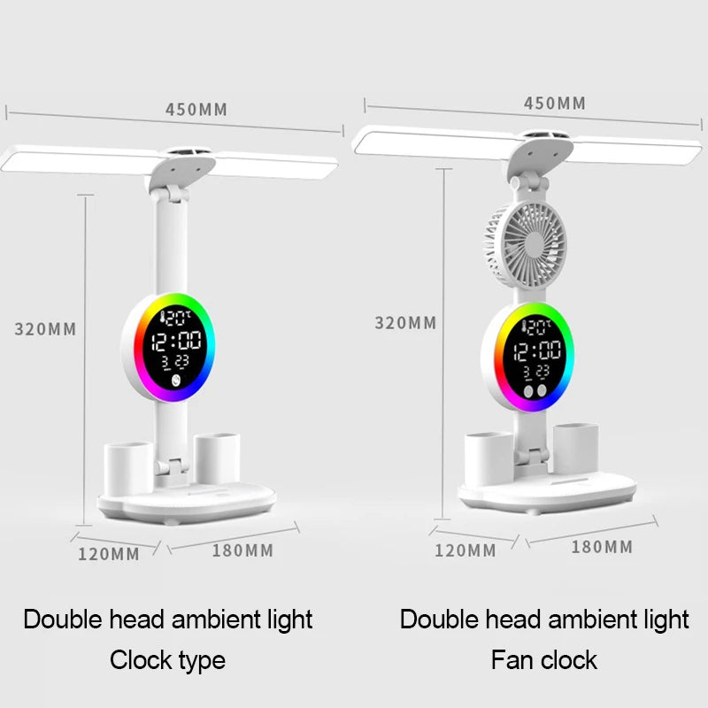 Lampe de table à LED rechargeable pour bureau d'étude Lampe de lecture à LED Veilleuse à LED avec ventilateur Horloge à LED Lampe de bureau de lecture