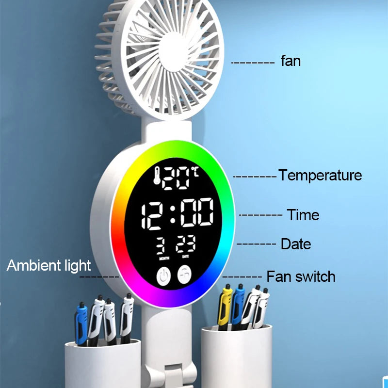 Lampe de table à LED rechargeable pour bureau d'étude Lampe de lecture à LED Veilleuse à LED avec ventilateur Horloge à LED Lampe de bureau de lecture