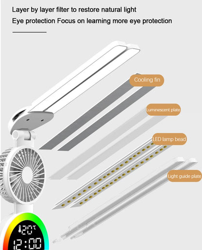 Lampe de table à LED rechargeable pour bureau d'étude Lampe de lecture à LED Veilleuse à LED avec ventilateur Horloge à LED Lampe de bureau de lecture