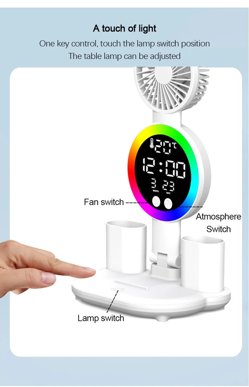 Lampe de table à LED rechargeable pour bureau d'étude Lampe de lecture à LED Veilleuse à LED avec ventilateur Horloge à LED Lampe de bureau de lecture