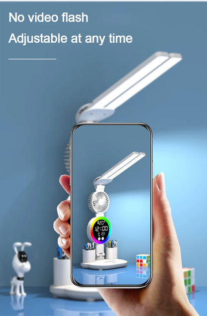 Lampe de table à LED rechargeable pour bureau d'étude Lampe de lecture à LED Veilleuse à LED avec ventilateur Horloge à LED Lampe de bureau de lecture
