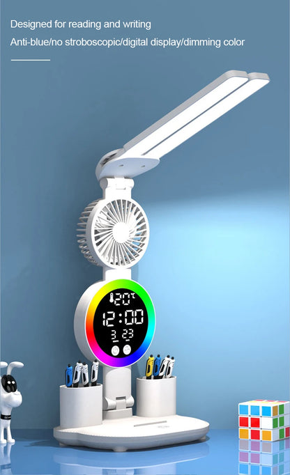 Lampe de table à LED rechargeable pour bureau d'étude Lampe de lecture à LED Veilleuse à LED avec ventilateur Horloge à LED Lampe de bureau de lecture