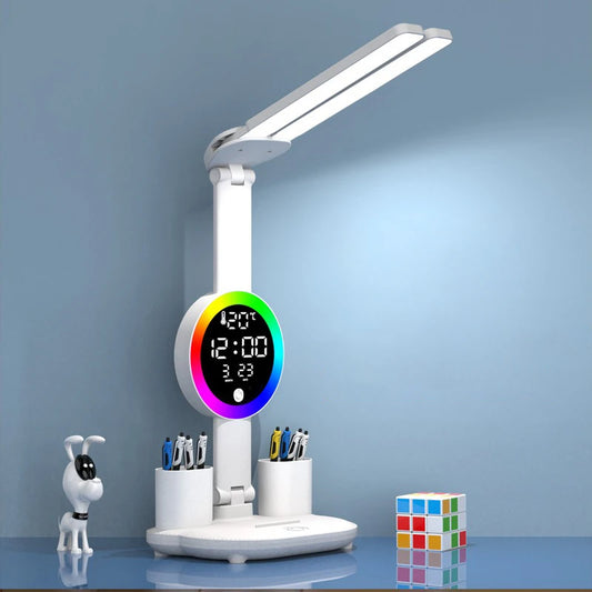 Lampe de table à LED rechargeable pour bureau d'étude Lampe de lecture à LED Veilleuse à LED avec ventilateur Horloge à LED Lampe de bureau de lecture