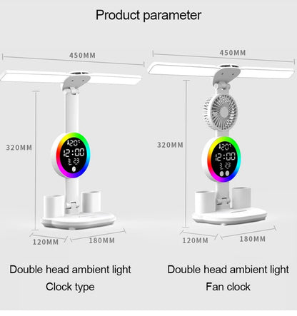 Lampe de table à LED rechargeable pour bureau d'étude Lampe de lecture à LED Veilleuse à LED avec ventilateur Horloge à LED Lampe de bureau de lecture
