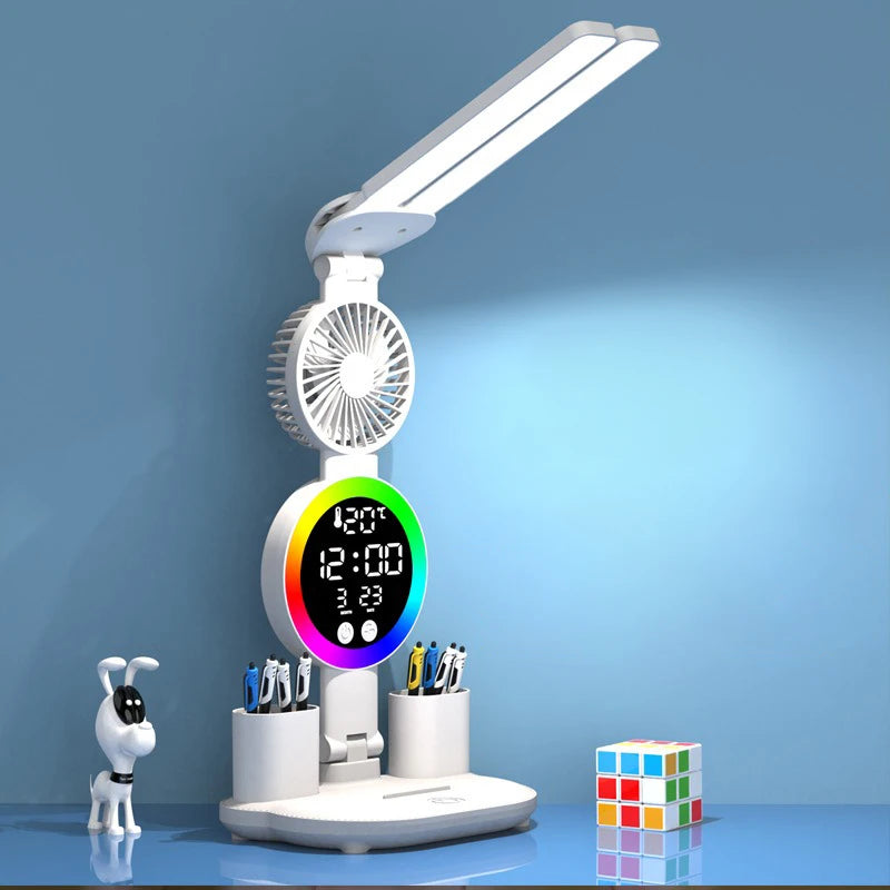 Lampe de table à LED rechargeable pour bureau d'étude Lampe de lecture à LED Veilleuse à LED avec ventilateur Horloge à LED Lampe de bureau de lecture