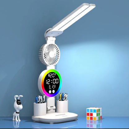 Lampe de table à LED rechargeable pour bureau d'étude Lampe de lecture à LED Veilleuse à LED avec ventilateur Horloge à LED Lampe de bureau de lecture