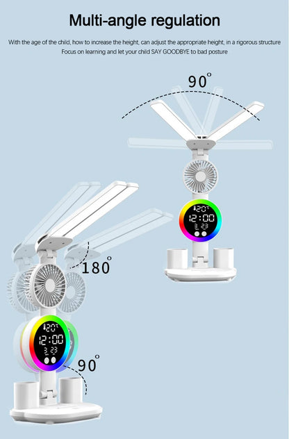 Lampe de table à LED rechargeable pour bureau d'étude Lampe de lecture à LED Veilleuse à LED avec ventilateur Horloge à LED Lampe de bureau de lecture